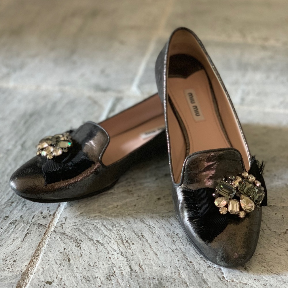 Miu Miu pewter embellished smoking slippers size 37